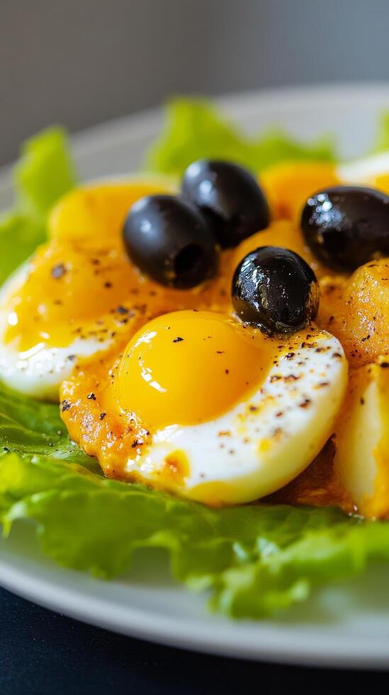Delicious layered dish topped with olives served on fresh lettuce photo