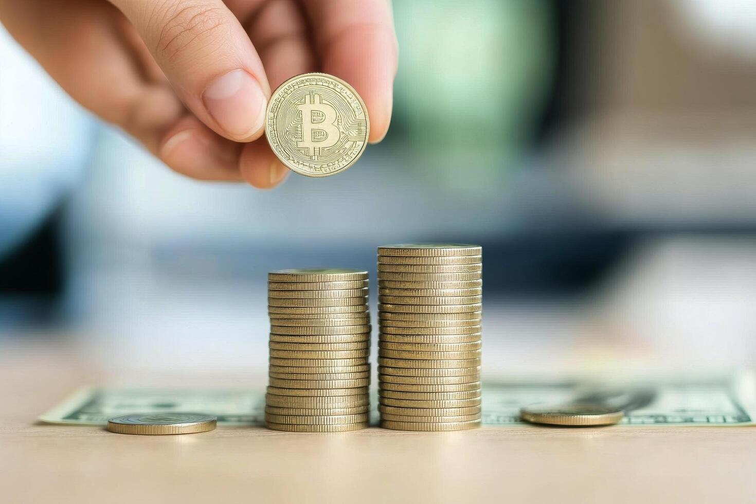 Investing in cryptocurrency with physical coins on a table during the day photo