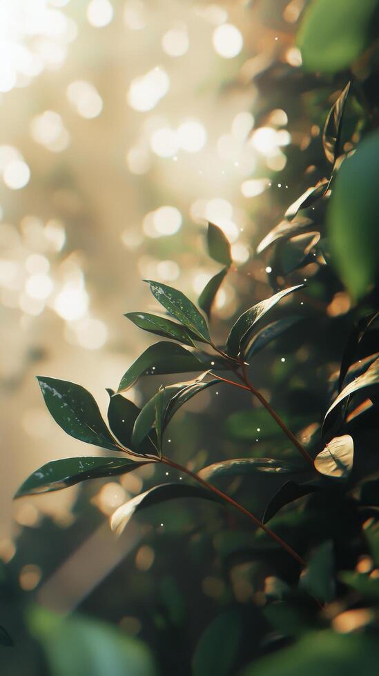 Sunlight filtering through lush green leaves in a serene natural setting photo