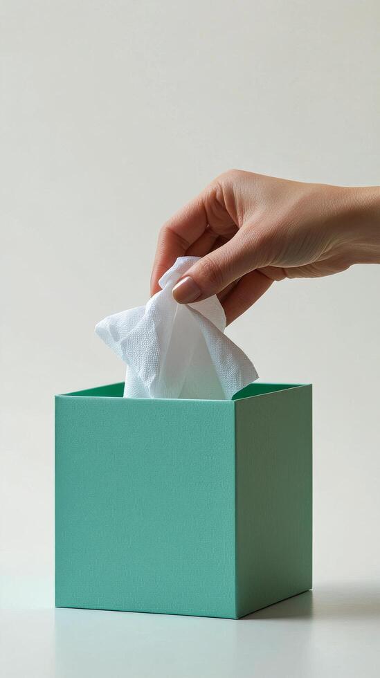 Hand reaching into a green tissue box to pull out a paper tissue for use photo