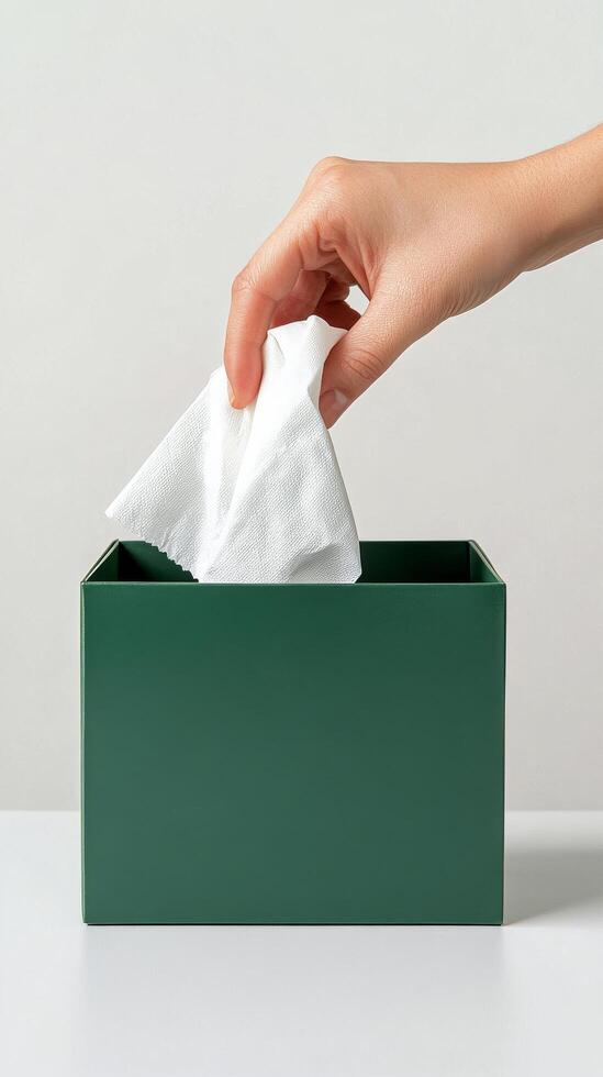 Hand reaching into a green tissue box to pull out a paper tissue for use photo