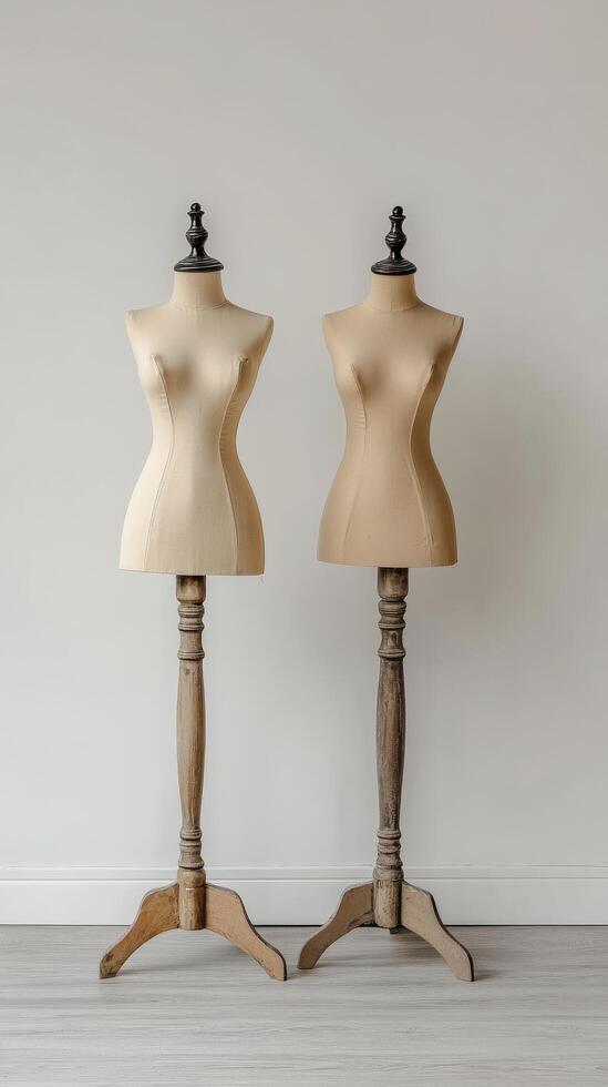 Mannequins displayed in a well lit studio showcasing fashion design concepts photo