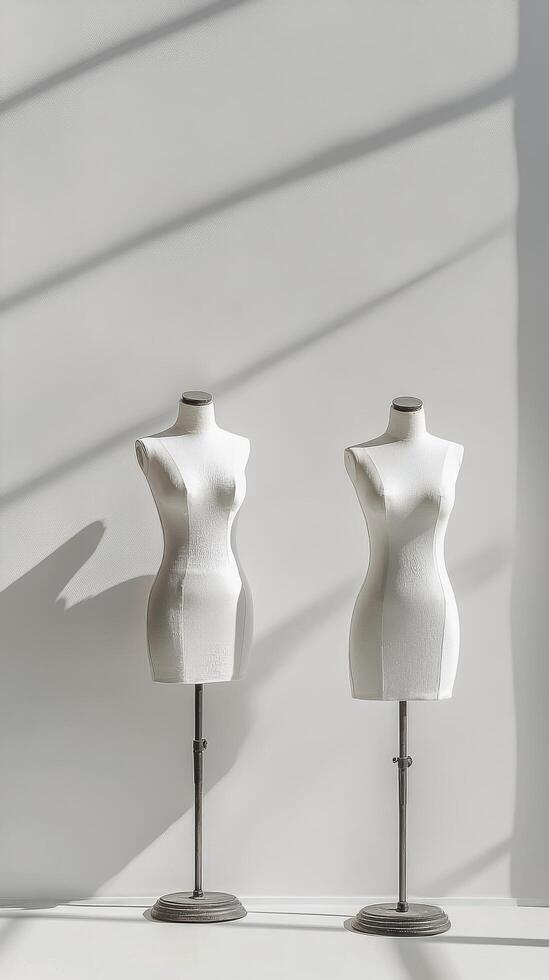 Mannequins displayed in a well lit studio showcasing fashion design concepts photo