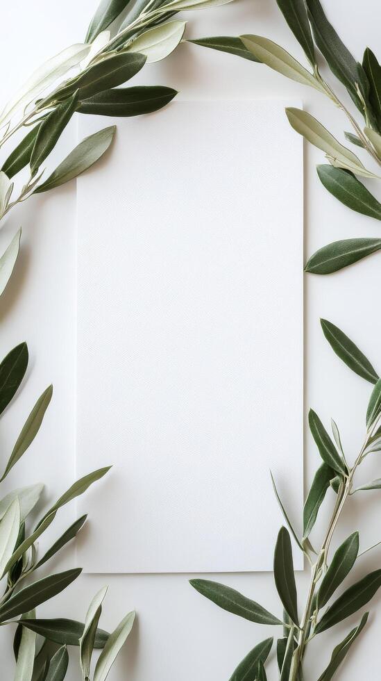 Decorative arrangement of olive leaves framing a blank sheet of textured paper on a light background photo