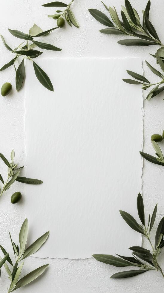 Decorative arrangement of olive leaves framing a blank sheet of textured paper on a light background photo