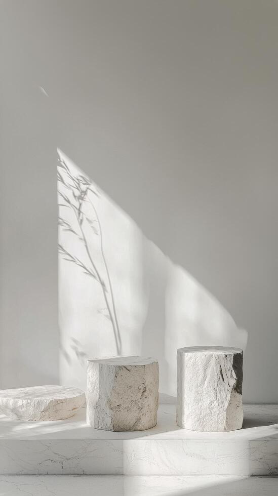 Marble round pedestal in soft light against textured background showcasing natural design photo