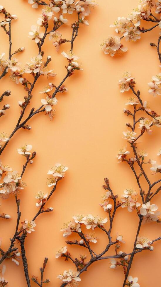 Delicate cherry blossom branches against a soft orange backdrop creating a serene atmosphere photo