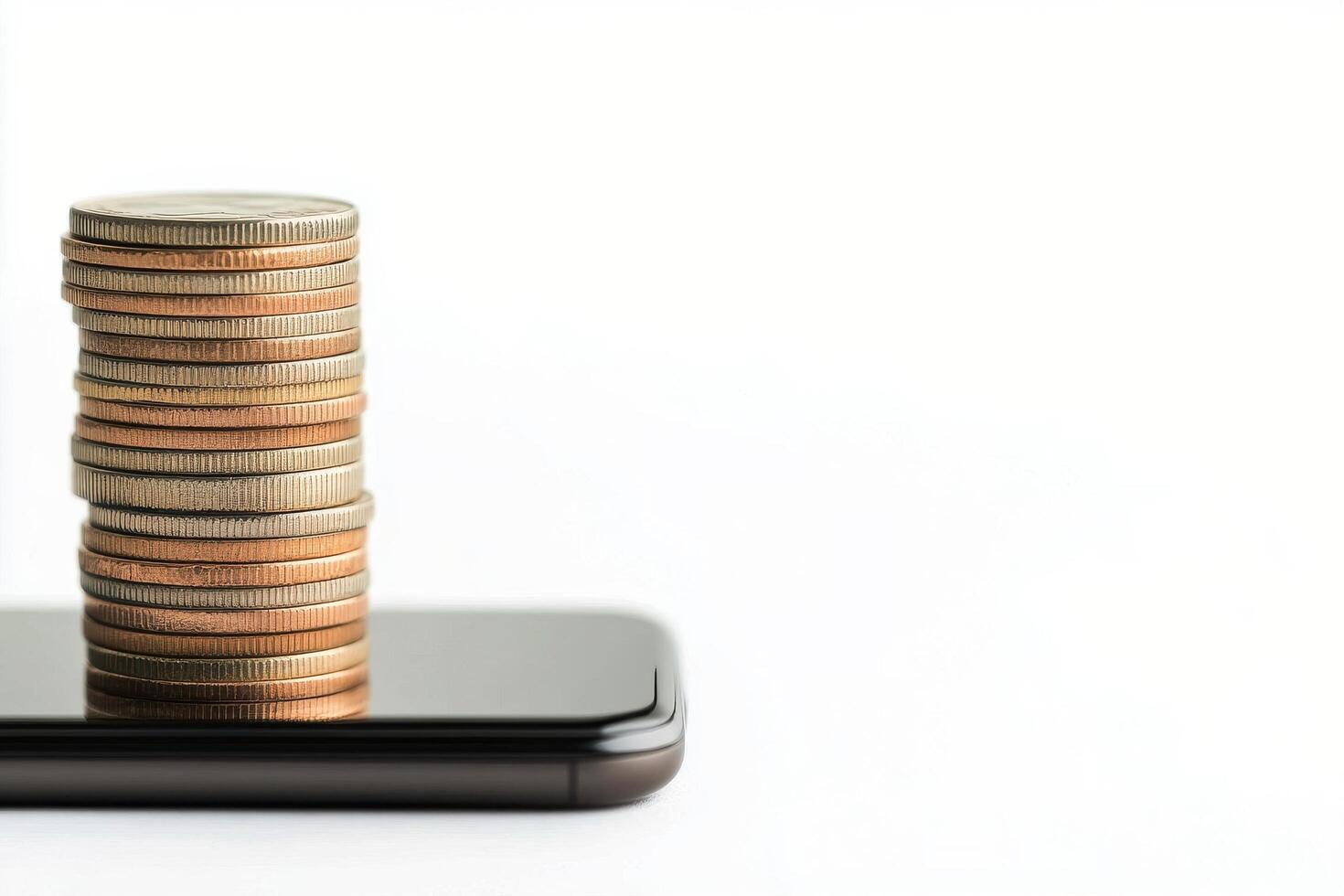 Coins stacked on a smartphone displaying the integration of currency and technology today photo