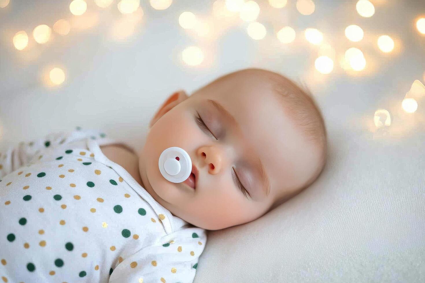 Adorable sleeping baby with pacifier surrounded by soft warm lights in cozy setting photo