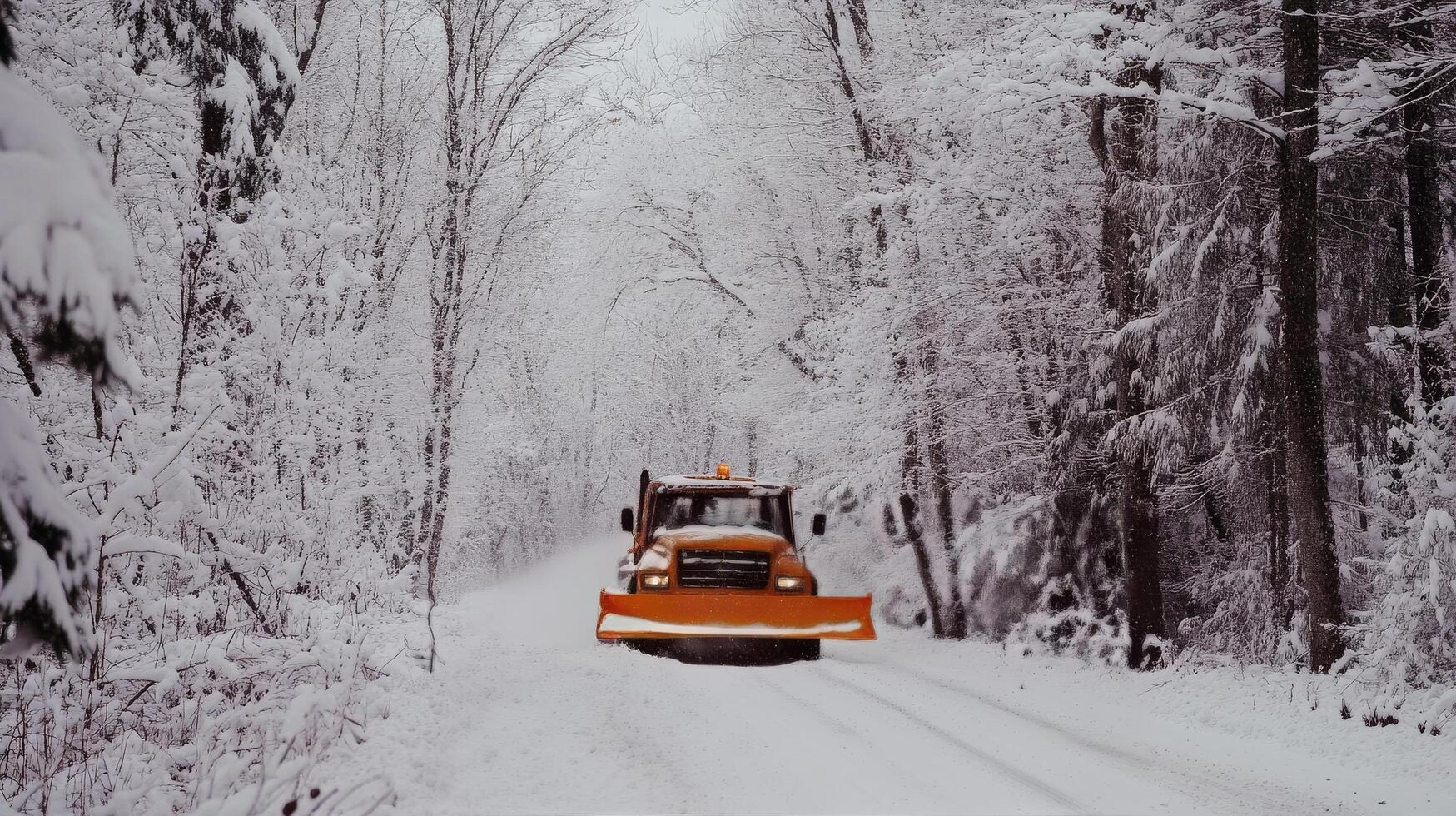 Snowplow clearing a winter road under a cloudy sky during snowfall photo
