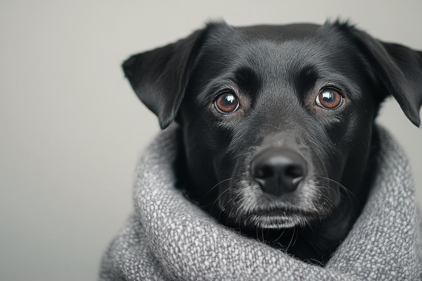 Black dog wrapped in a cozy sweater poses with a thoughtful expression indoors photo