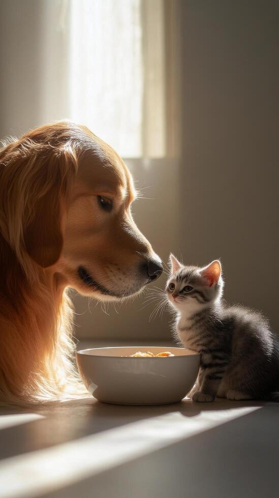 Golden retriever and kitten share a moment while enjoying food in warm sunlight photo