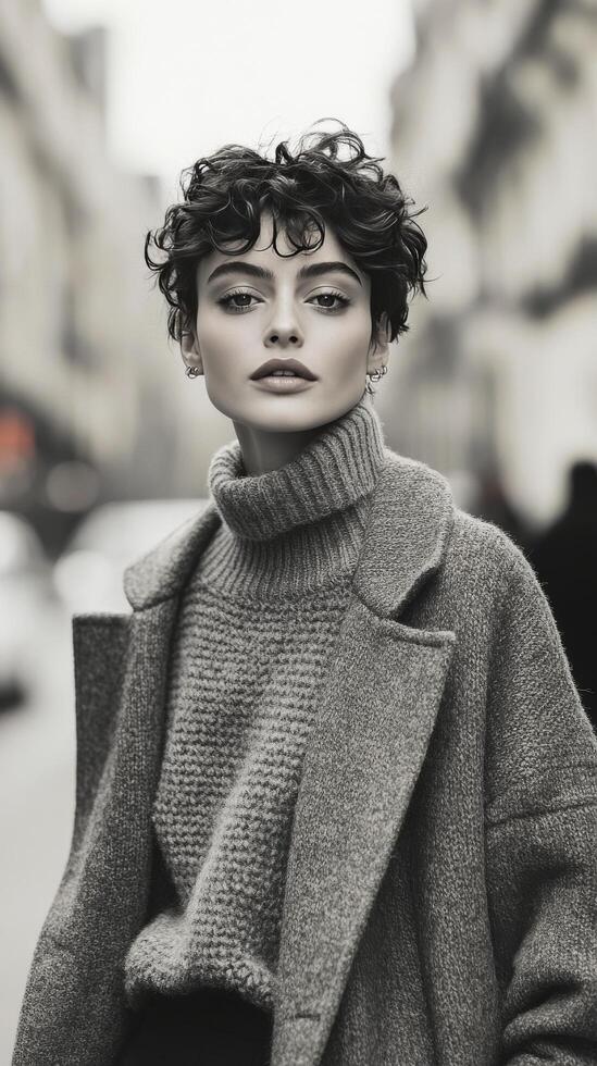 Elegant urban fashion model poses in Parisian street during overcast day photo