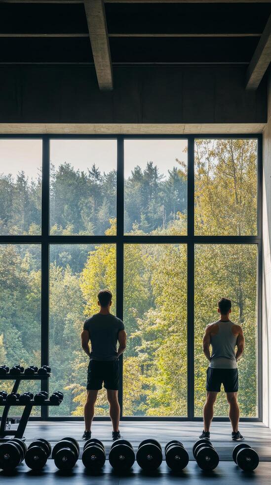Two individuals enjoying a workout view from a gym overlooking a lush green landscape photo