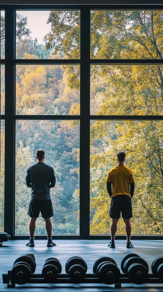 Two individuals enjoying a workout view from a gym overlooking a lush green landscape photo
