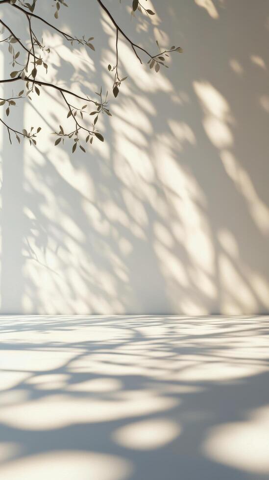 Natural light creates beautiful leaf shadows on a soft white wall indoors during daytime hours photo