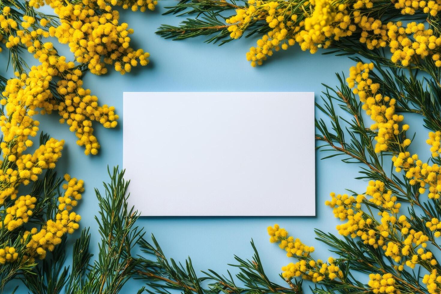 Bright yellow flowers surrounding a blank white card on a textured blue background photo