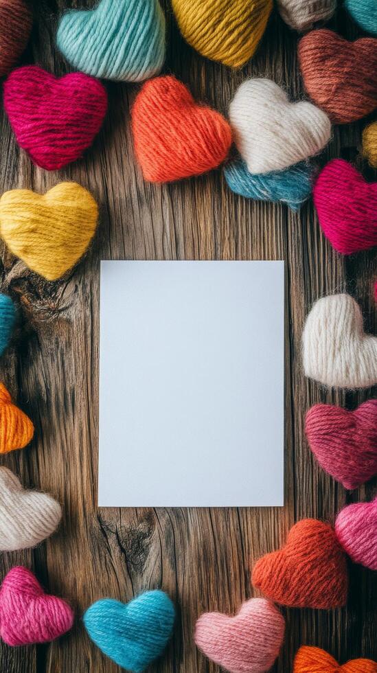 Colorful heart decorations surround an empty note on a wooden table photo