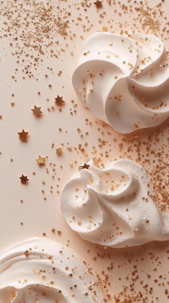 Decorative meringue cookies with gold stars on a light surface for festive celebrations photo