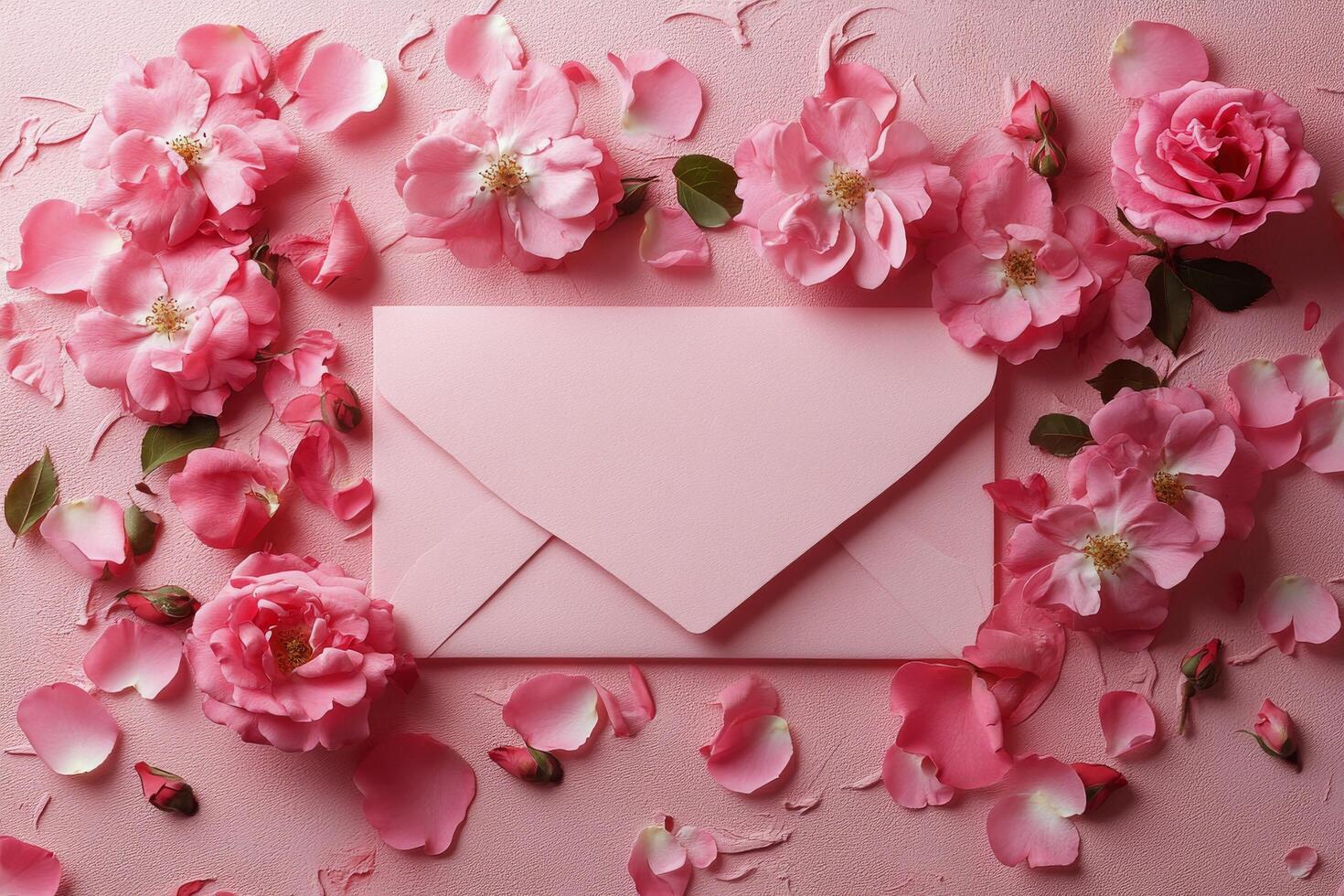 Pink envelope surrounded by rose petals and flowers for romantic occasions or messages photo