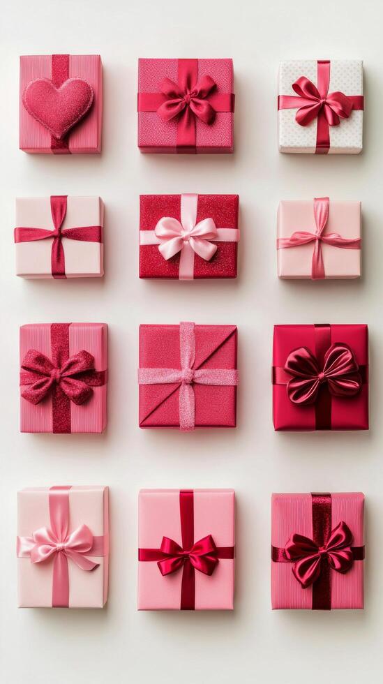 Colorful pink and red gift boxes arranged in a creative pattern for a special celebration photo