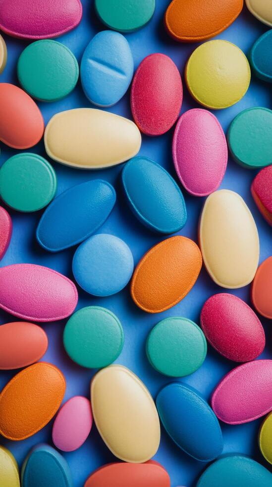 Colorful capsules scattered on a smooth surface creating a vibrant abstract pattern photo