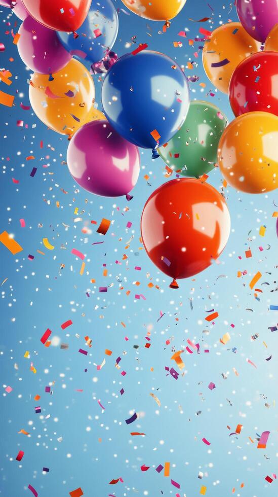 Colorful balloons rising with confetti on a bright blue background at a celebration photo