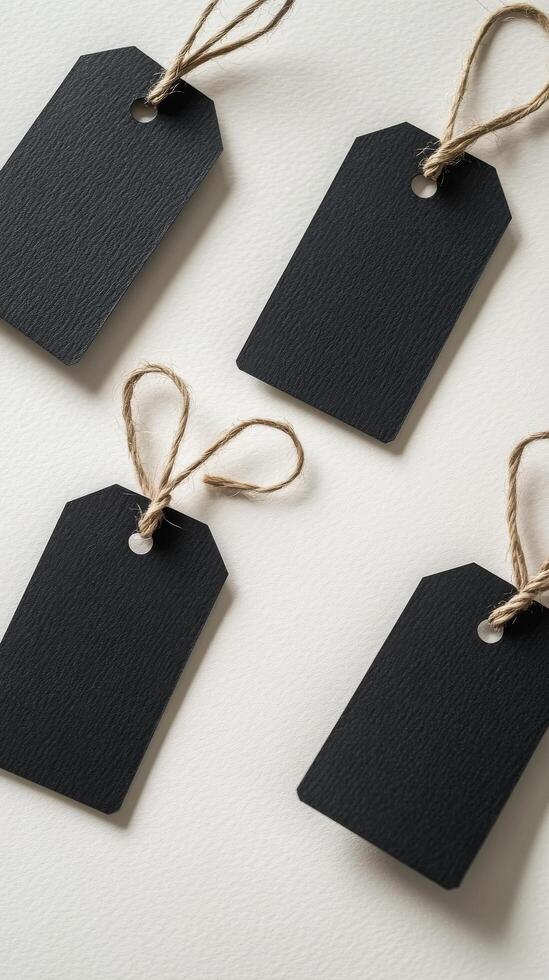 Crafting black tags for labeling items or gifts in a simple studio setting photo