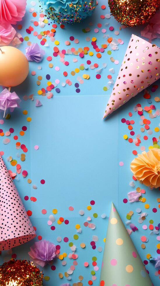 Colorful party decorations arranged on a bright blue surface with a blank space for message photo