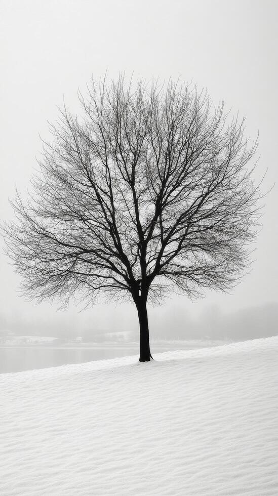 Tree stands alone in a snowy landscape under a foggy sky during winter season photo