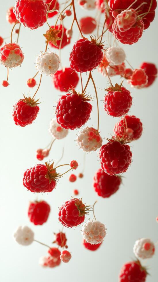 Colorful clusters of raspberries suspended in space create a vivid and playful visual display photo