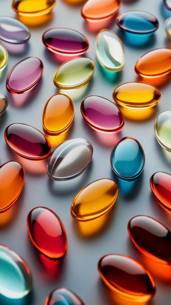 Colorful capsules scattered on a smooth surface creating a vibrant abstract pattern photo