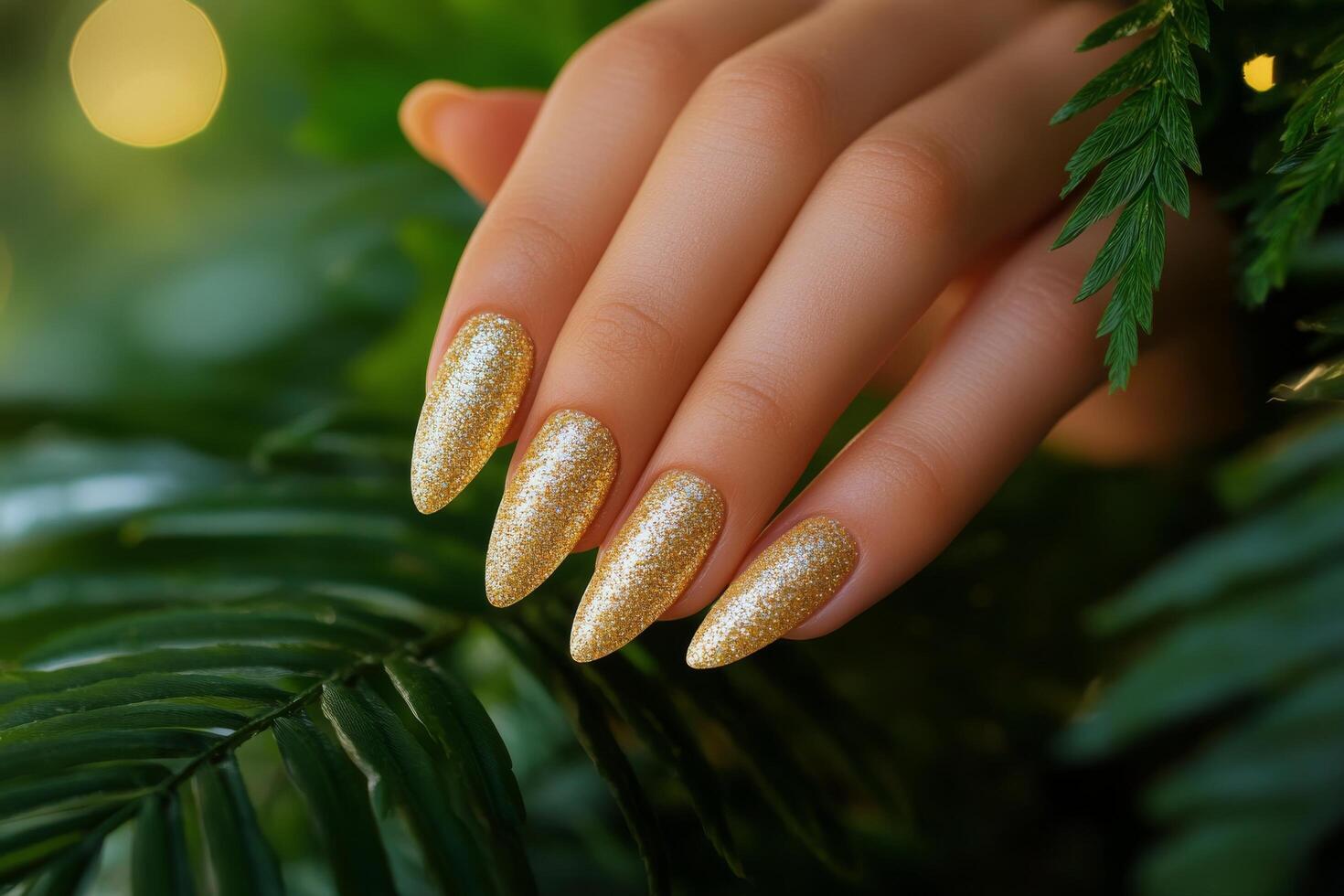 Elegant gold glitter nail design with soft green background showcasing manicured hands photo