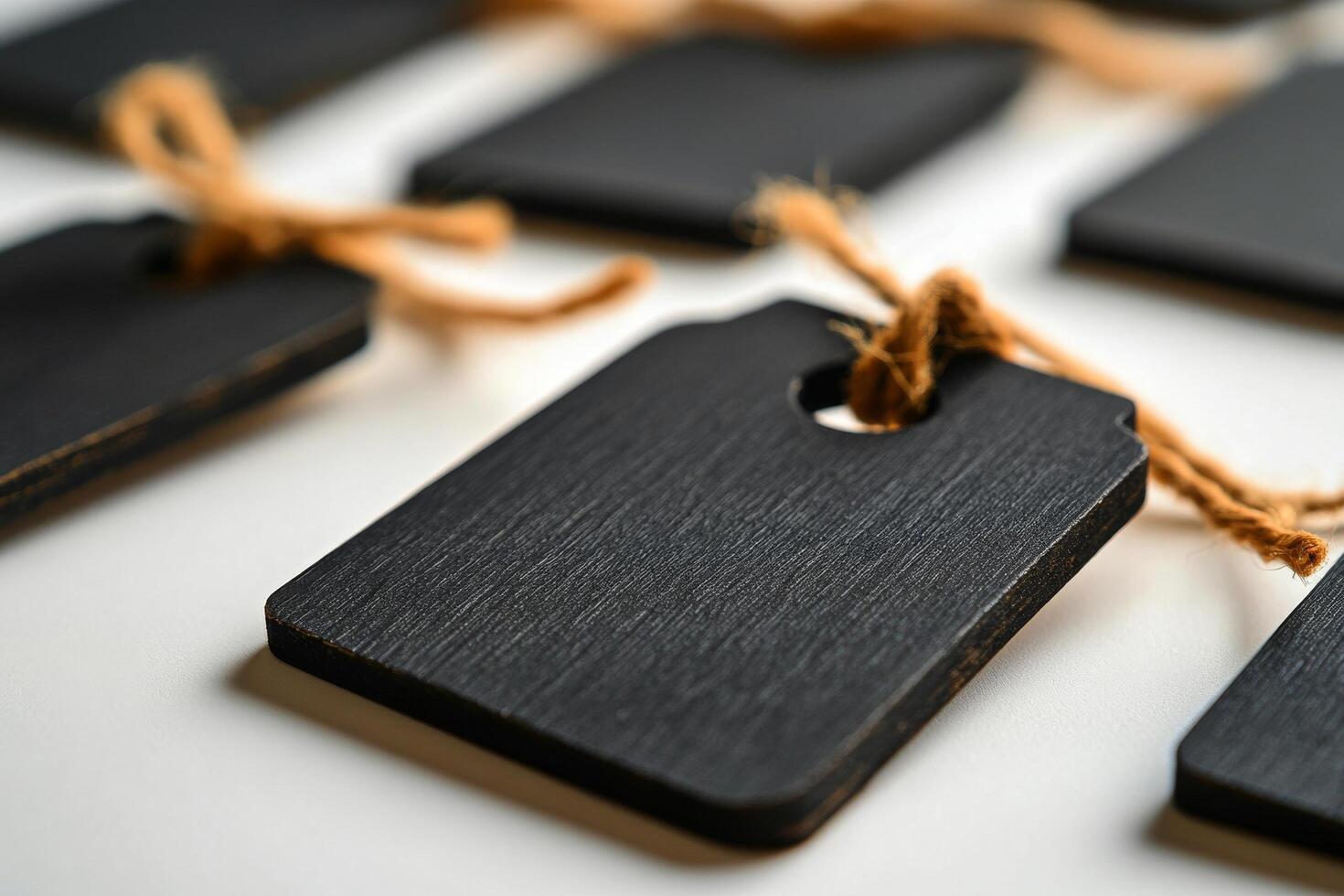 Rustic black tags with twine arranged on a surface for labeling and crafts photo