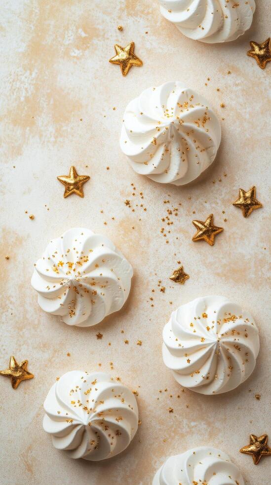 Decorative meringue cookies with gold stars on a light surface for festive celebrations photo