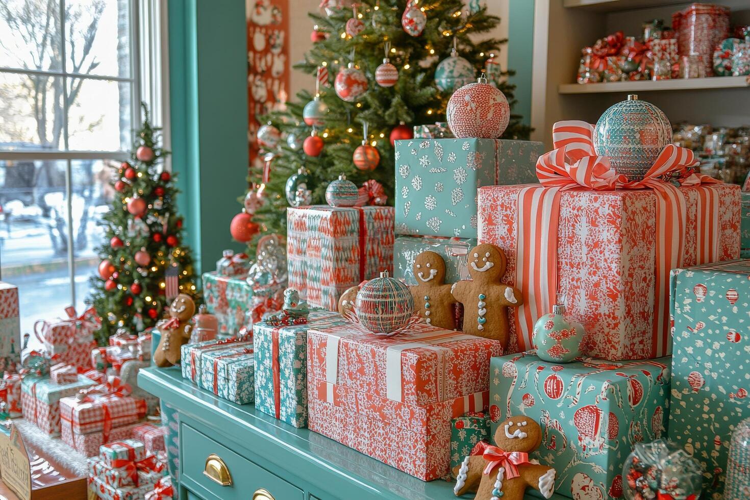 Festive gingerbread cookies and wrapped gifts by the fireplace creating a cozy holiday atmosphere photo