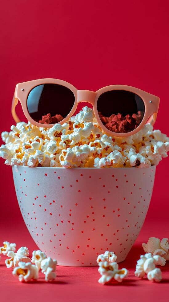 Popcorn bowl with sunglasses against a vibrant red background creates a playful mood photo