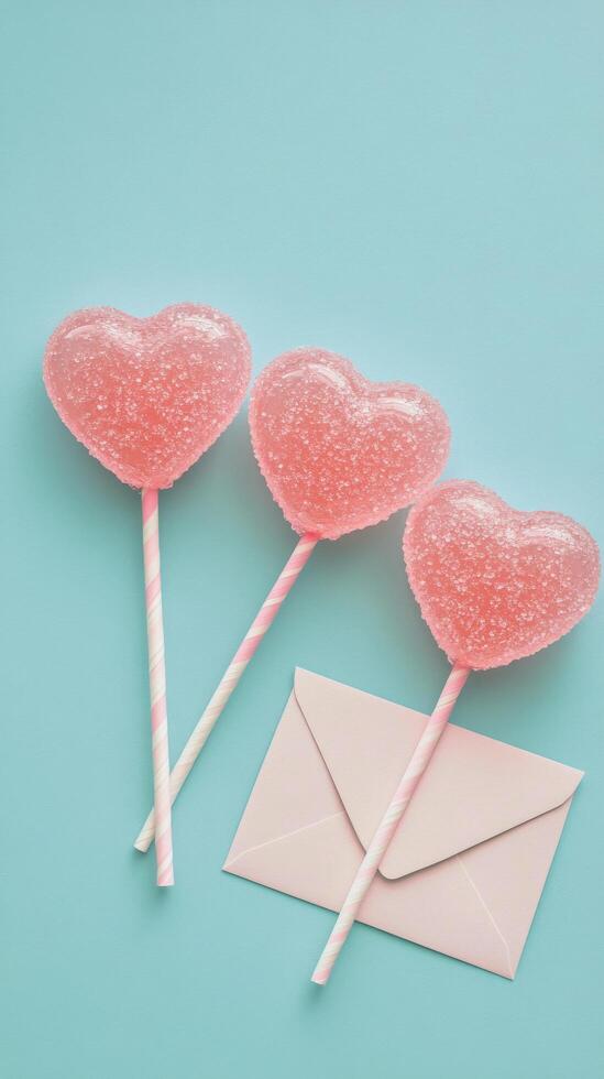 Three heart shaped lollipops with sparkling finish on a light blue background photo