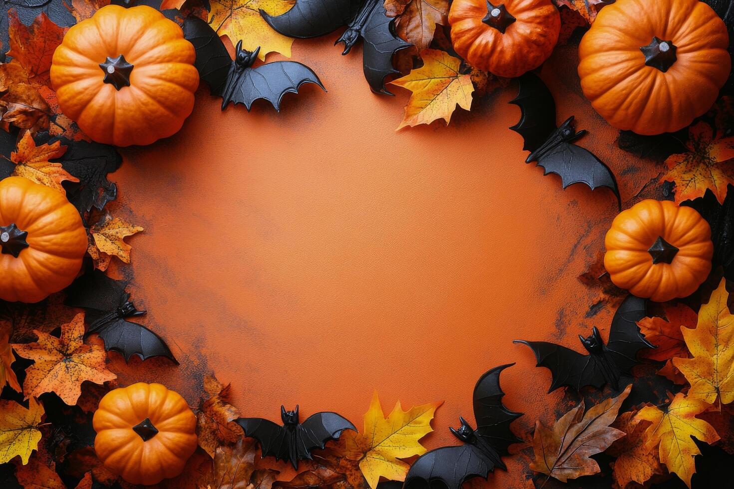Festive autumn arrangement featuring pumpkins and bats against an orange background photo