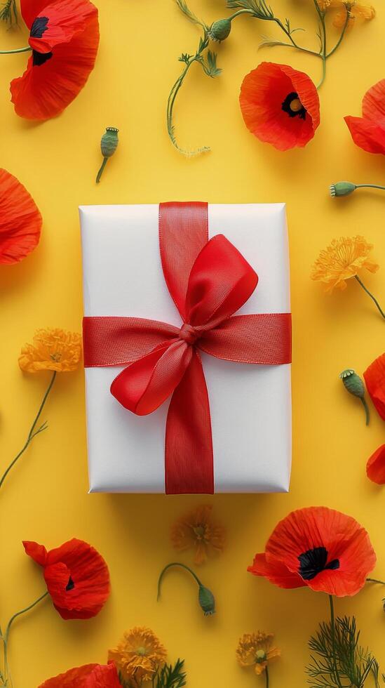 Wrapped gift box surrounded by colorful flowers on a bright yellow background photo