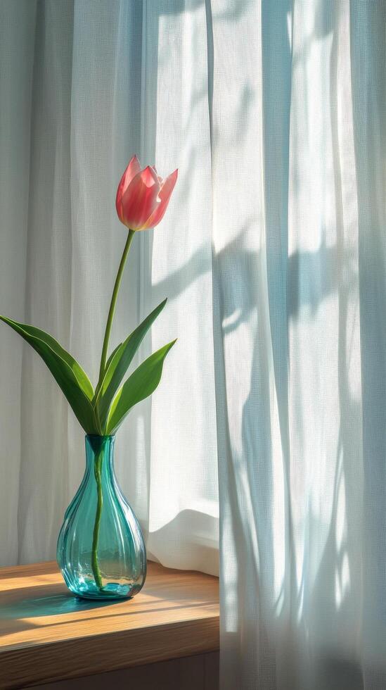 Beautiful pink tulip in teal vase on windowsill with natural light photo
