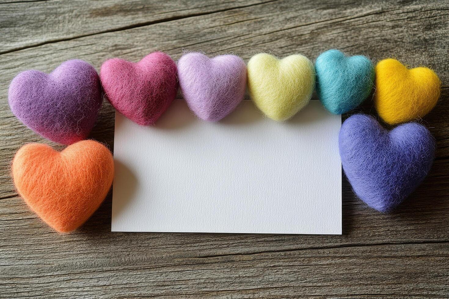 Colorful felt hearts arranged with a blank card on a rustic wooden surface photo