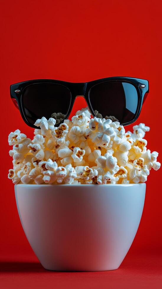 Popcorn bowl with sunglasses against a vibrant red background creates a playful mood photo