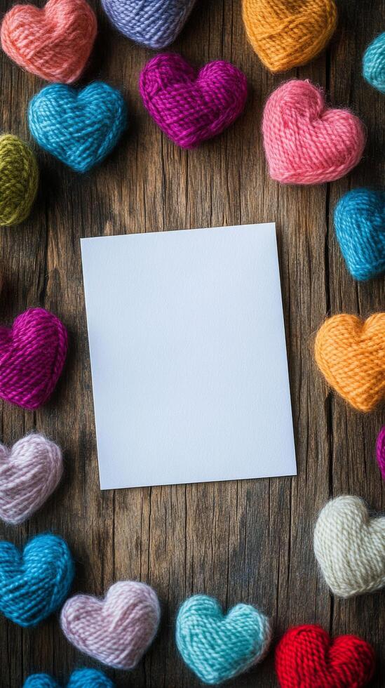 Colorful heart decorations surround an empty note on a wooden table photo