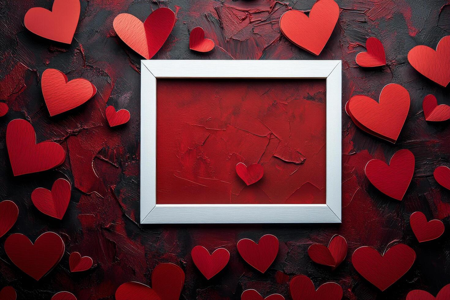 Creative display of red hearts surrounding a white picture frame on a dark background photo