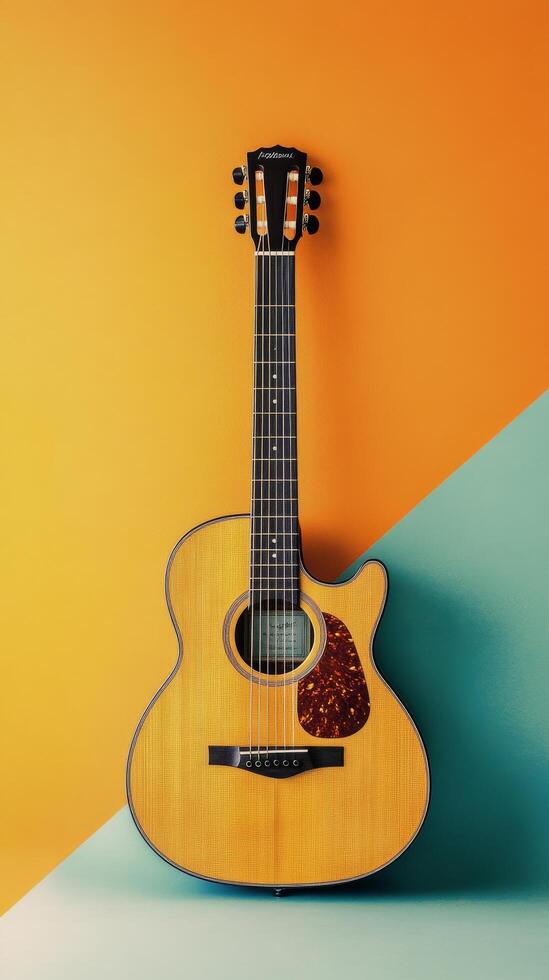Acoustic guitar set against a bright orange and blue background for a bold contrast photo