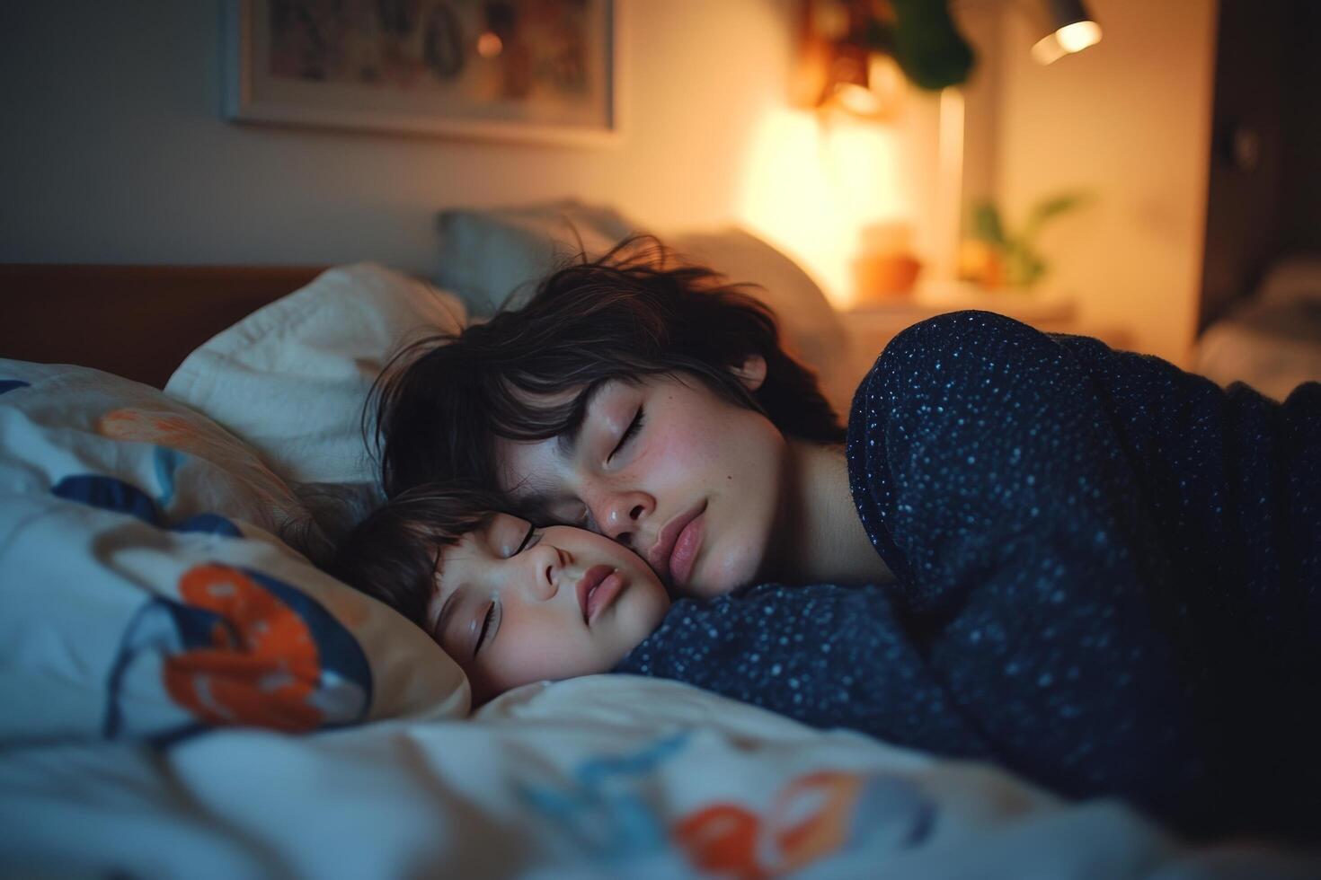 Mother kisses child while they sleep beside a glowing lotus lamp in a cozy room photo