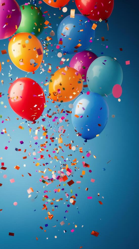 Colorful balloons rising with confetti on a bright blue background at a celebration photo