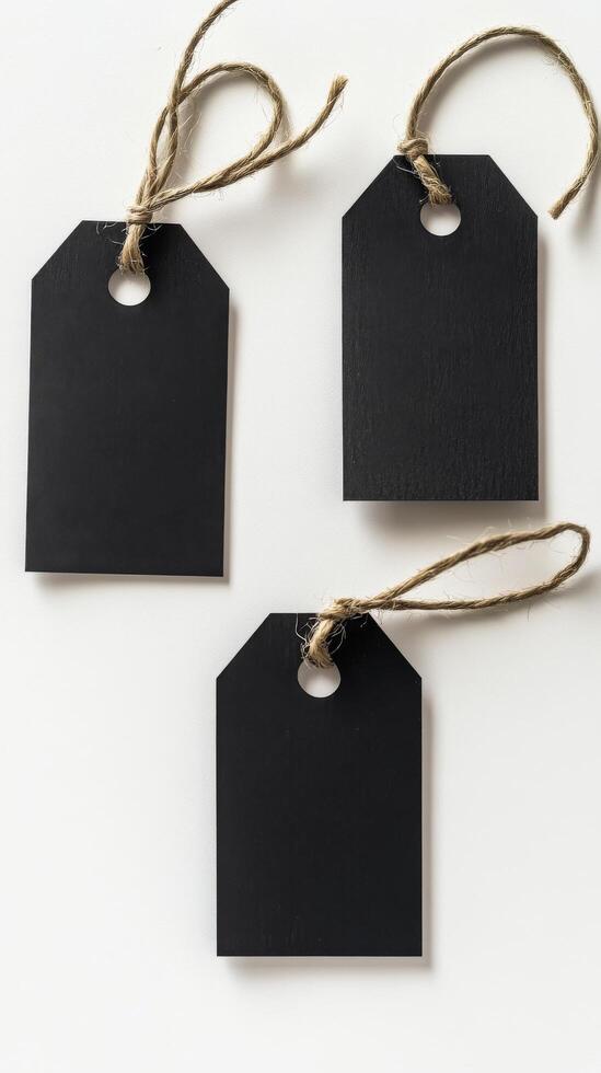 Crafting black tags for labeling items or gifts in a simple studio setting photo