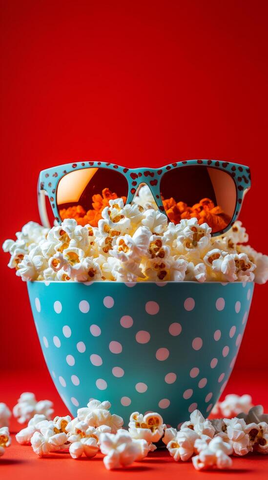 Popcorn bowl with sunglasses against a vibrant red background creates a playful mood photo